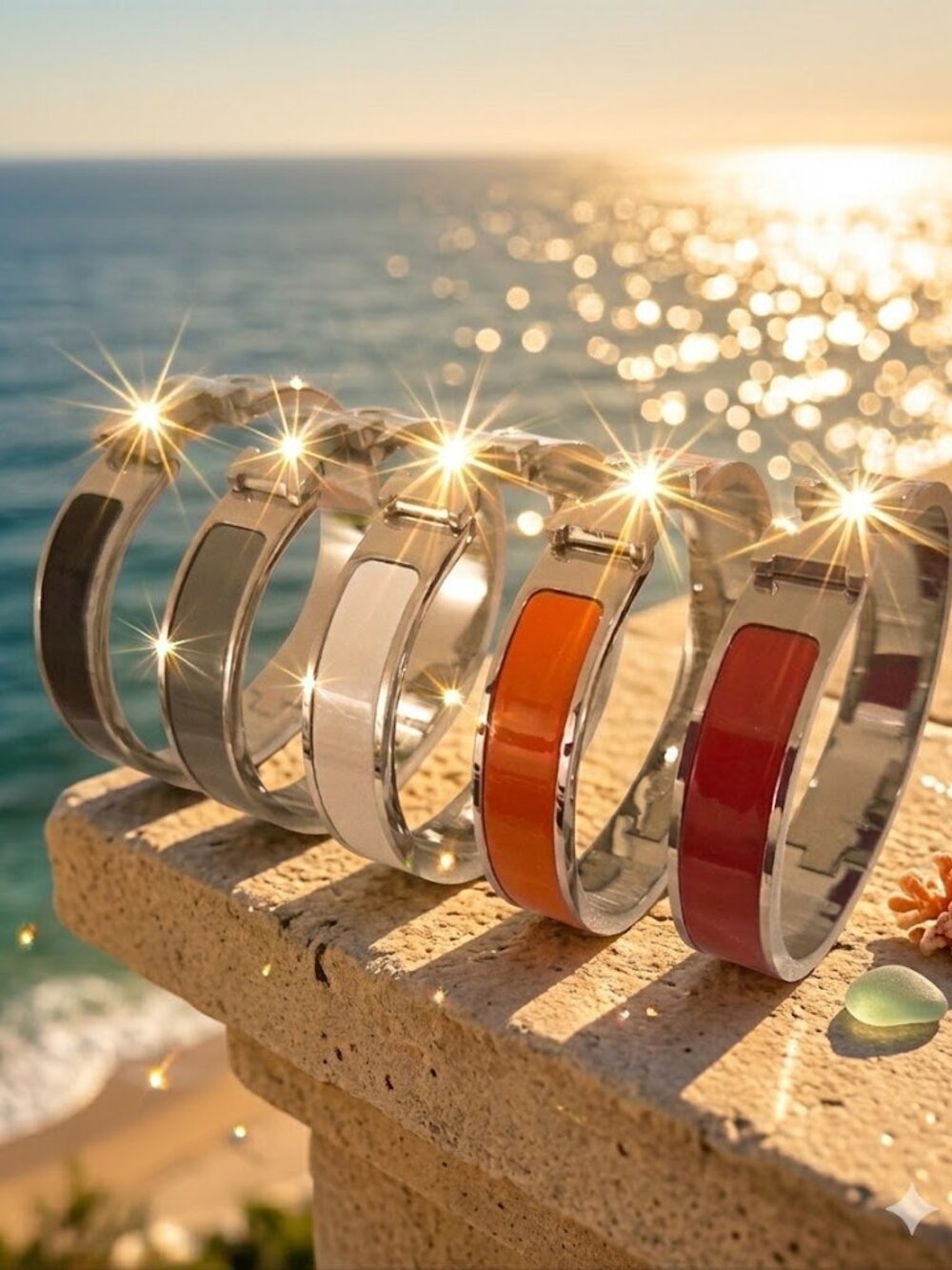 Enamel Hinge Click H Silver Colorful Bangle Bracelets
